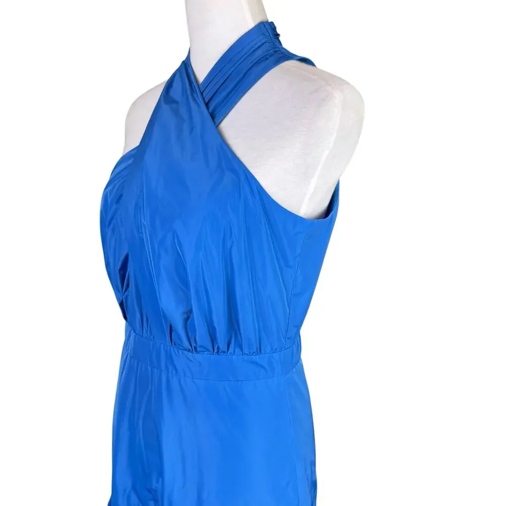 Veronica Beard Radley Blue Asymmetric Tiered Taffeta Crossover Neck Maxi Dress - Picture 6 of 11